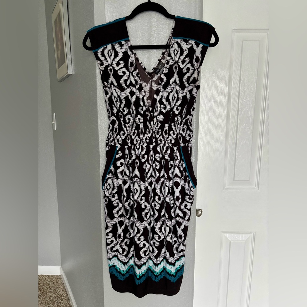 Bisou Bisou Black and White Midi Dress with Teal Accents Size 6